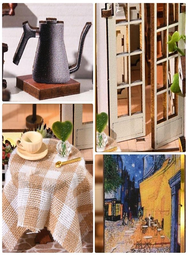 Foyucool DIY Book Nook Kit, Miniature Bookshelf Decor with LED Lights, Laser-Cut Wooden Craft Set for Adults, Creative Gift for Christmas, Birthday, Coffee Garden - Image 4